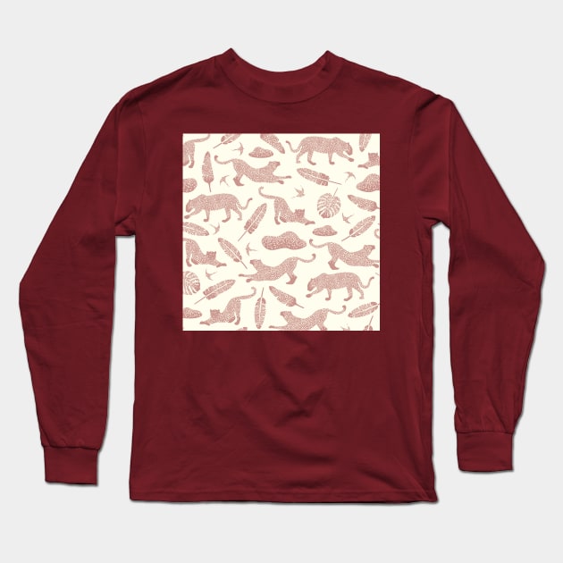 Blush Safari / Wild Cats, Monstera and Birds Long Sleeve T-Shirt by matise